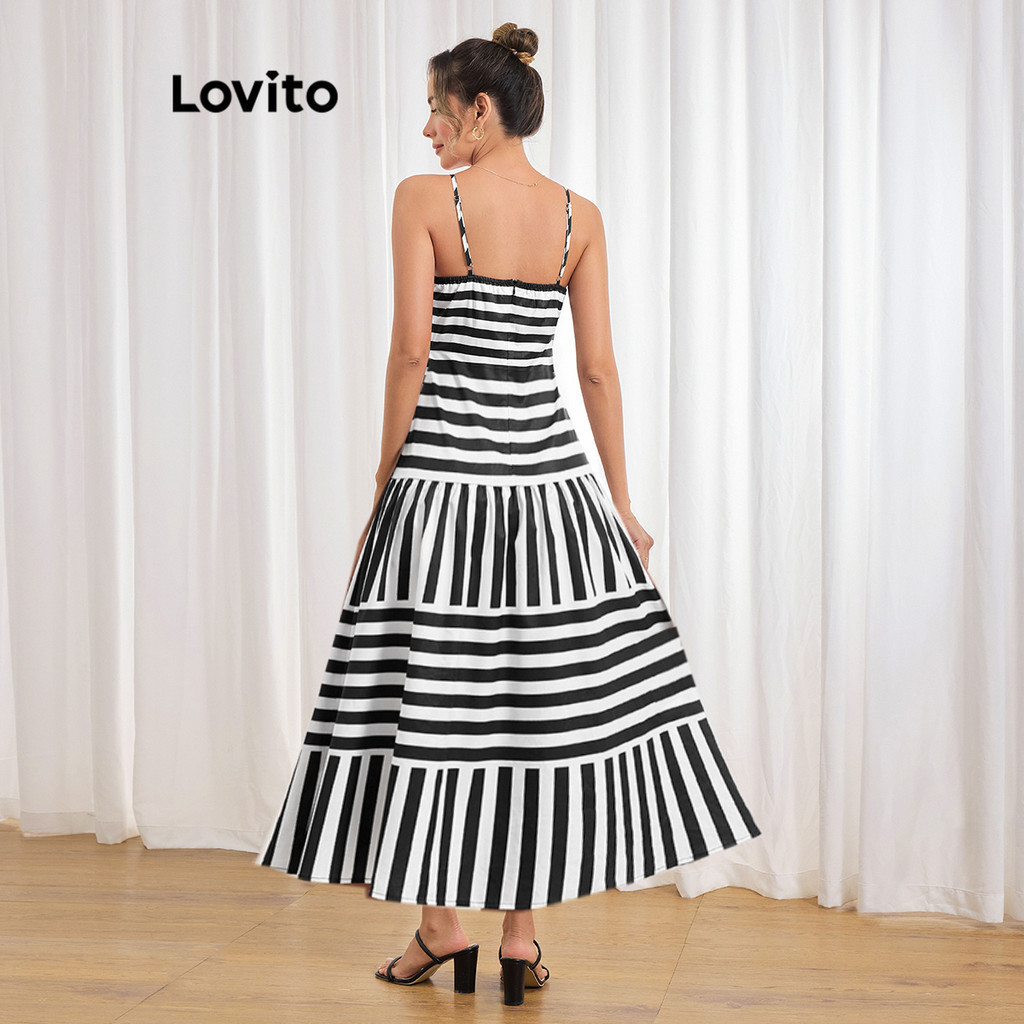 (Trendy) Lovito Vestido elegante com costura em tecido listrado para mulheres  LBL19101 - Women Clothes