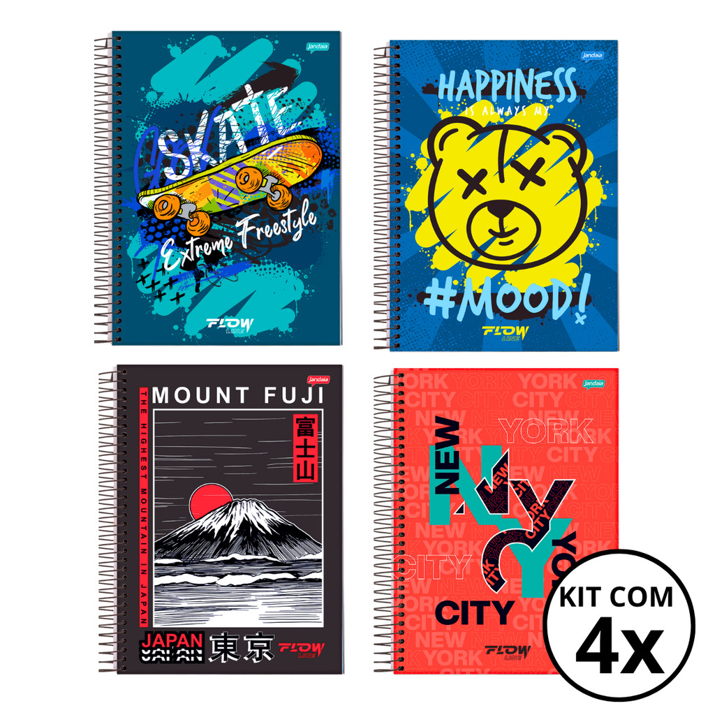 Kit 04 Cadernos Universitário 10 Matérias 160 Folhas Flow - Jandaia CAPA:Skate/Urso/Japão/NewYork em Oferta na Shopee