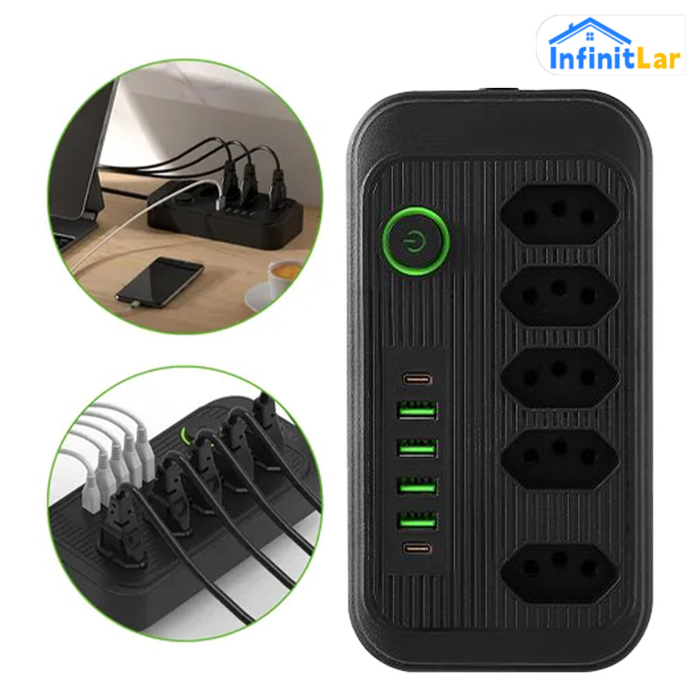 extensão Bivolt 5+ Tomadas USB, Coibeu Extensão Filtro Segurança 4 USB Tipo C com Cabo Energia Casa