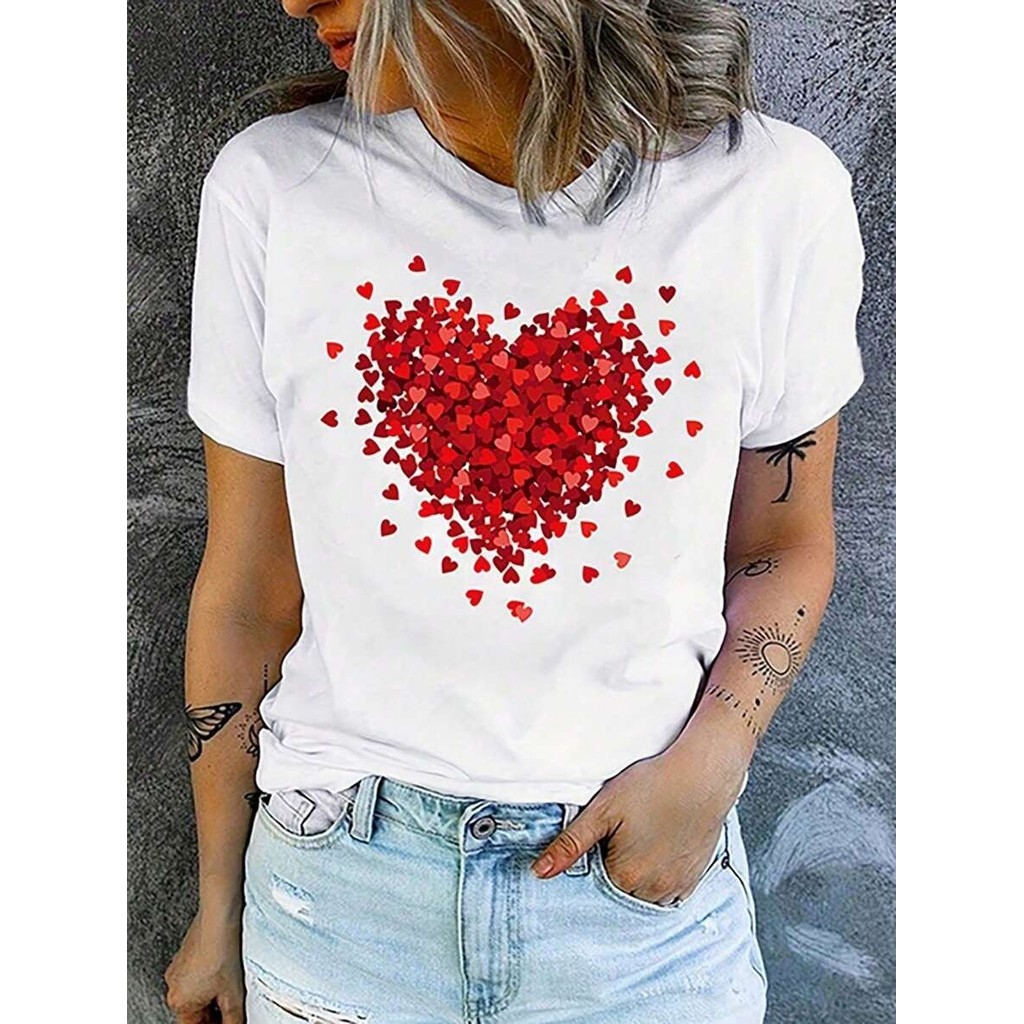 camiseta feminina oversized streetwear manga curta estampa coracao vermelho aesthetic