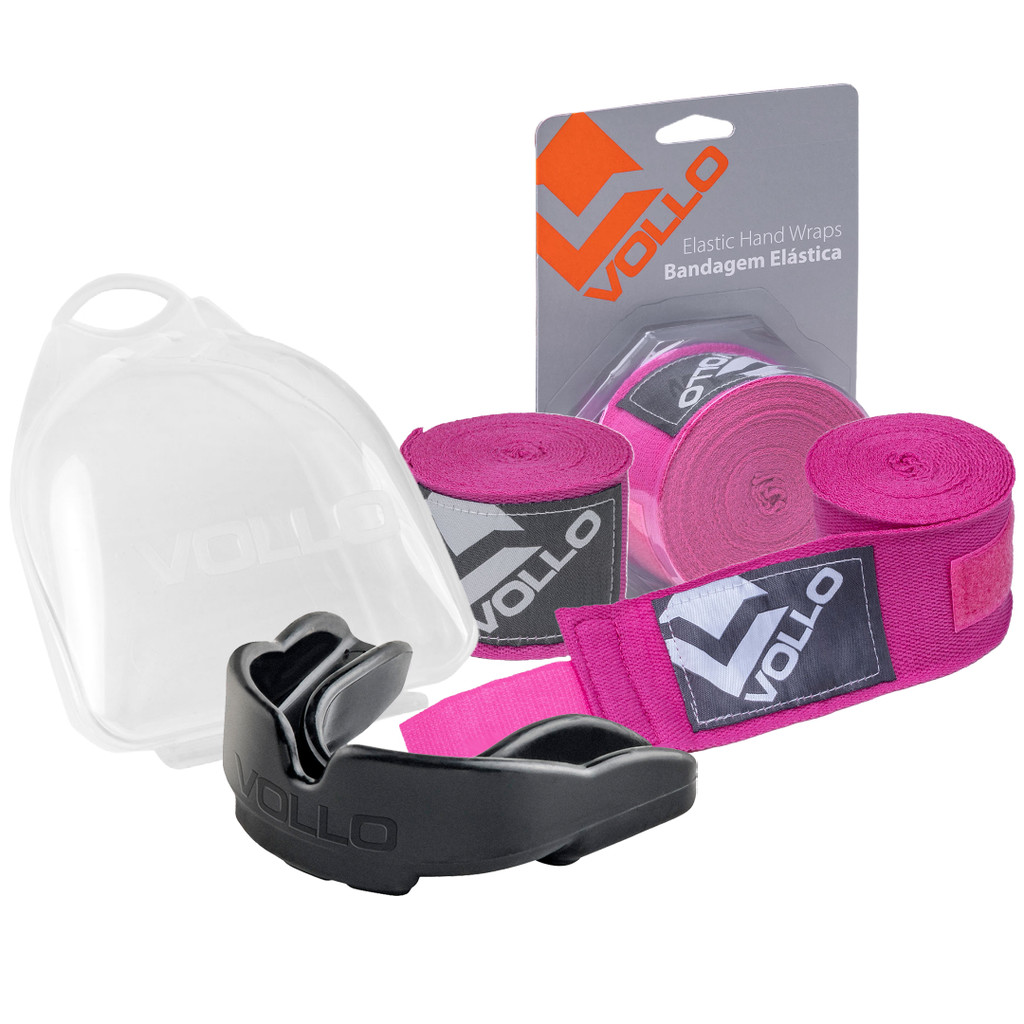 Kit Bandagem Elástica Rosa + Protetor Bucal Boxe Vollo