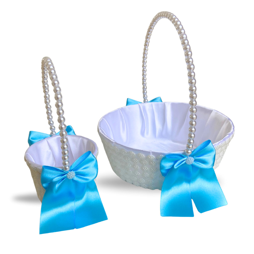 Cesta Daminha Florista + Cesta Alianças Azul Serenity Com Pérolas