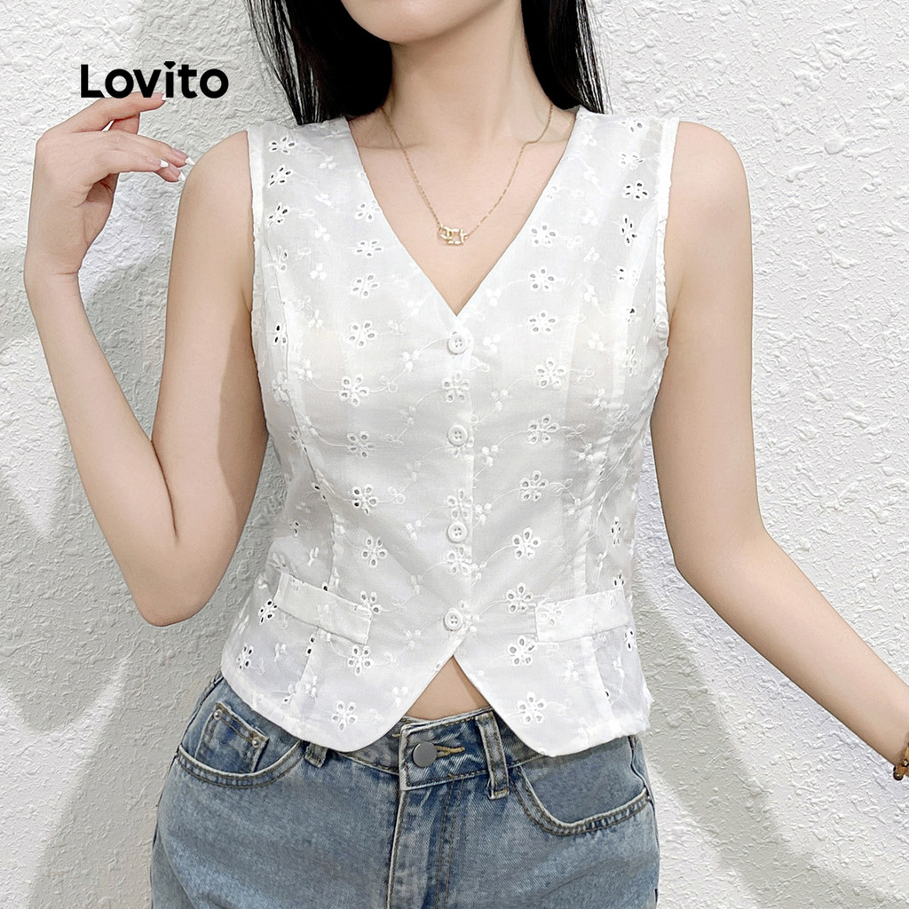 Detalhes do Lovito Regata Feminina Casual Lisa Bordada Ilhós Verão Primavera L132ED550