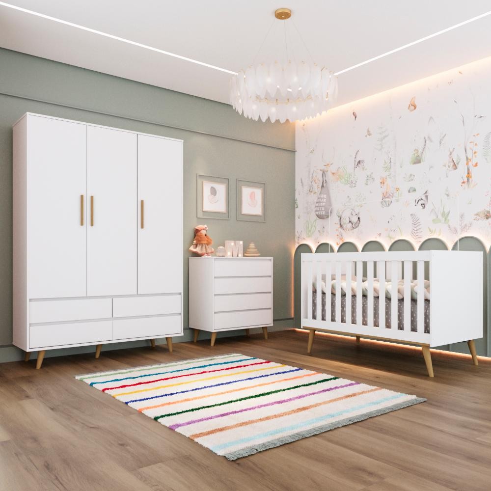Quarto Bebê Completo Berço Americano 3Em1 Cômoda Infantil Guarda Roupa 3 Portas 100% MDF em Oferta na Shopee