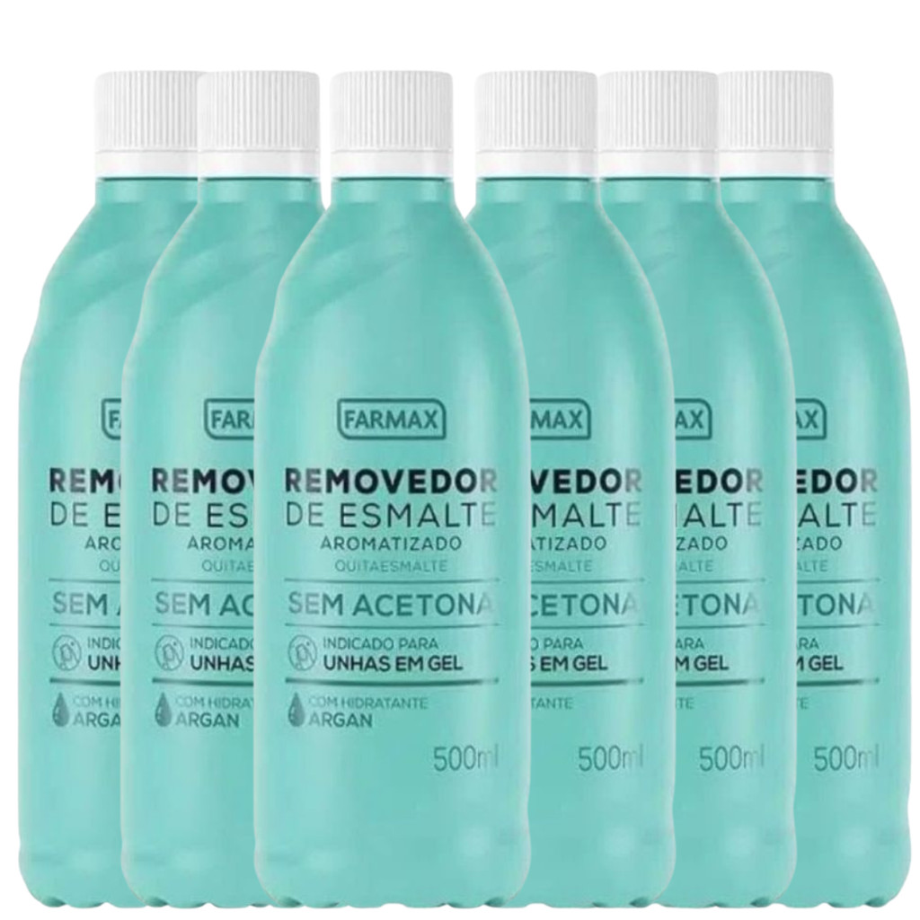 Kit 6 Removedor Farmax Argan Sem Acetona 500 ml Glicerina Nutritivo Unhas em Gel Hidratação Suave