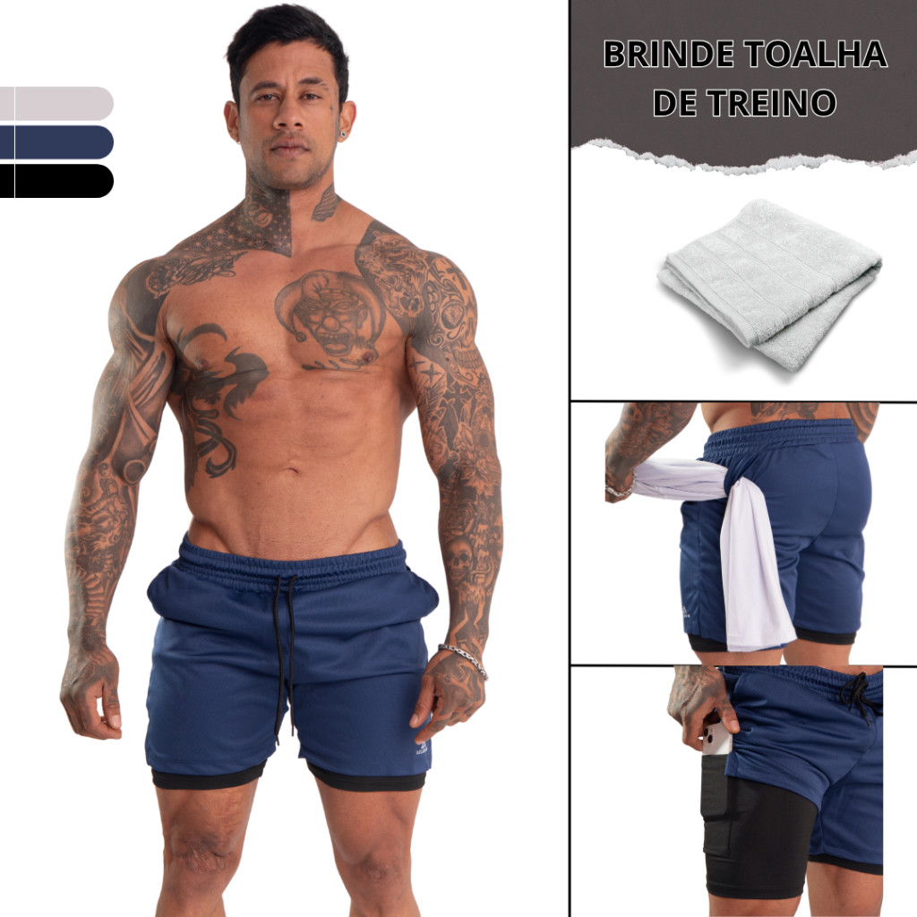 Short duplo 2 em 1 masculino Dry Fit com compressão para academia treino bolso interno para celular