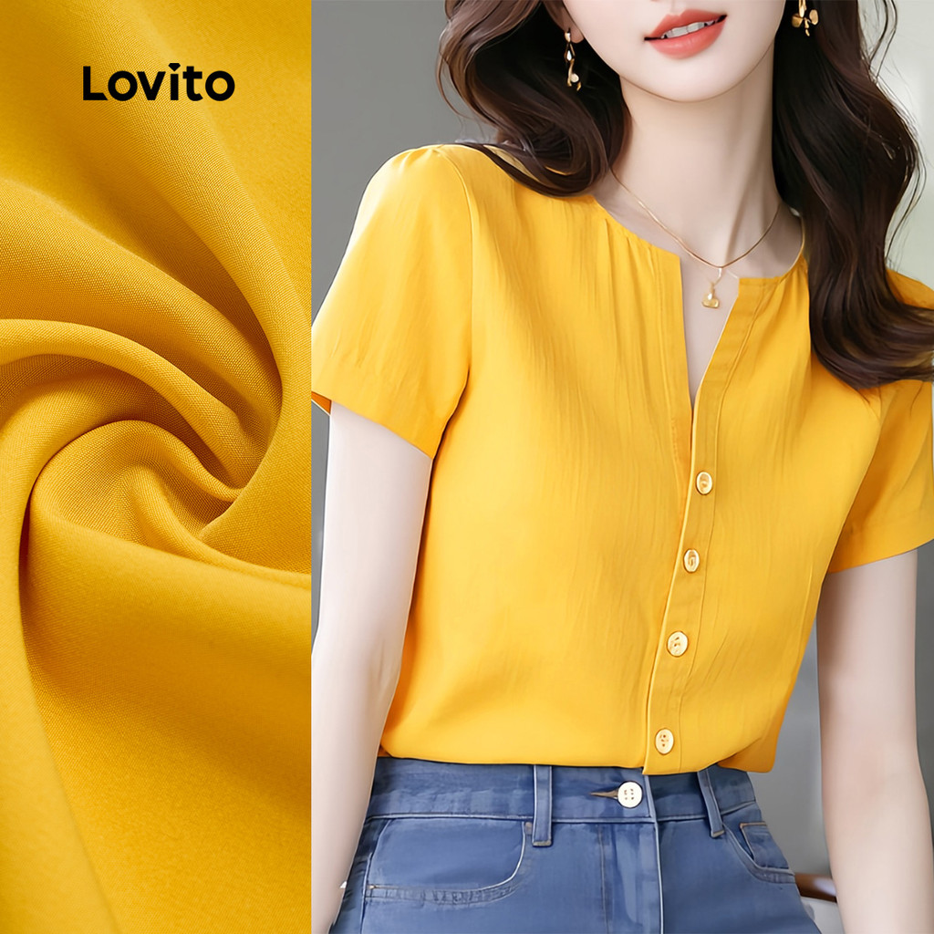 (New) Lovito Blusa Elegante de Botão Na Frente Simples Primavera/verão Blusa Leve Amarela para Mulheres L143ED016 em Oferta na Shopee