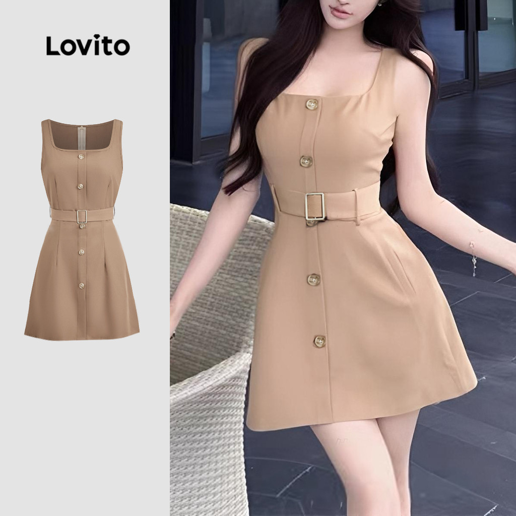 (New) Lovito Vestido Casual com Botões para Primavera/verão em Caqui para Mulheres L142ED202 em Oferta na Shopee