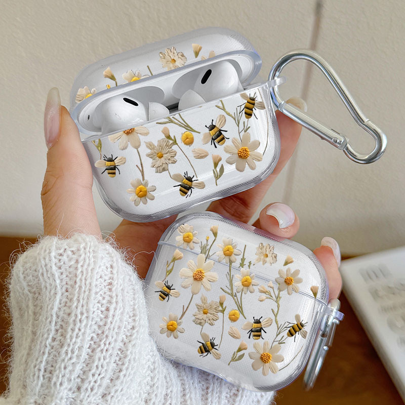 Abelha Flor Branca TPU Fone De Ouvido Caso Para AirPods 4 3 1/2 Com Chaveiro Airpod Pro/2 Capa Protetora