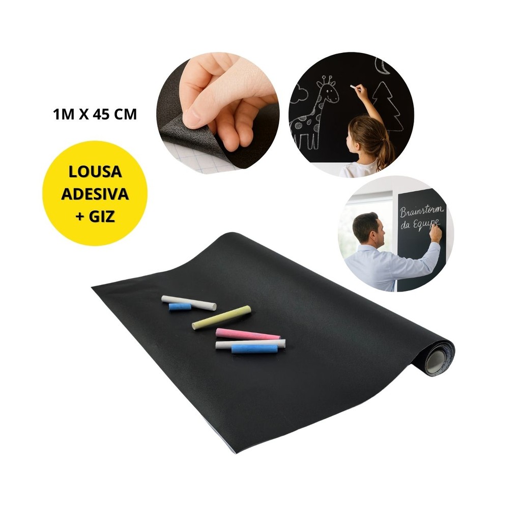 Lousa Adesiva 1m x 45cm com Giz | Papel de Parede Quadro Negro Decorativo e Funcional | Ideal para Casa, Escritório e Es