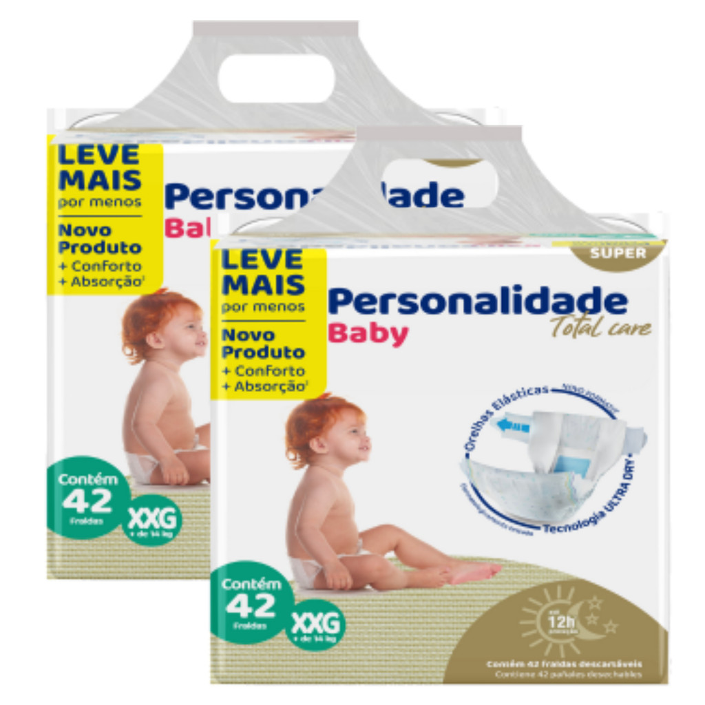 Kit 2 Fralda Personalidade Baby Total Care XXG Total 84 Unid Pacotão Barato
