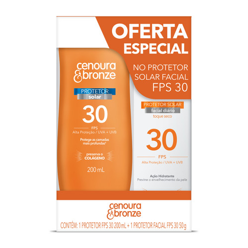 Kit Protetor Solar Cenoura e Bronze Corpo FPS 30  + Facial em Oferta na Shopee