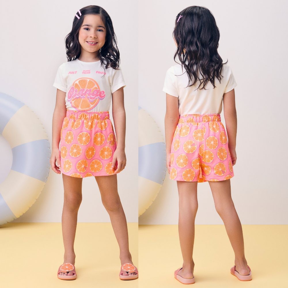 Conjunto Menina Momi Blusa Algodão e Short Moletinho Estampado Off/Coral