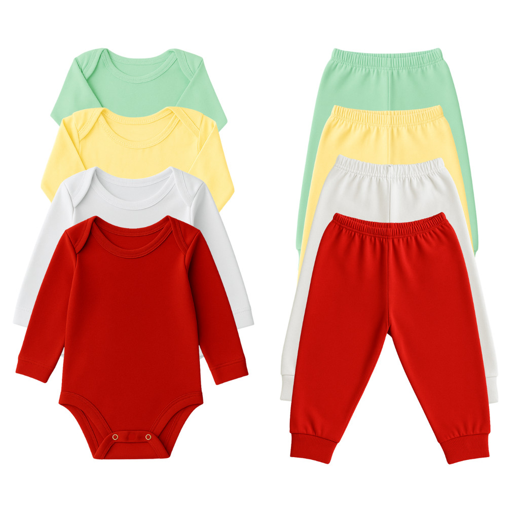 Kit 8 Peças Body Manga Longa e Mijão Bebê Antialérgico 100% Algodão