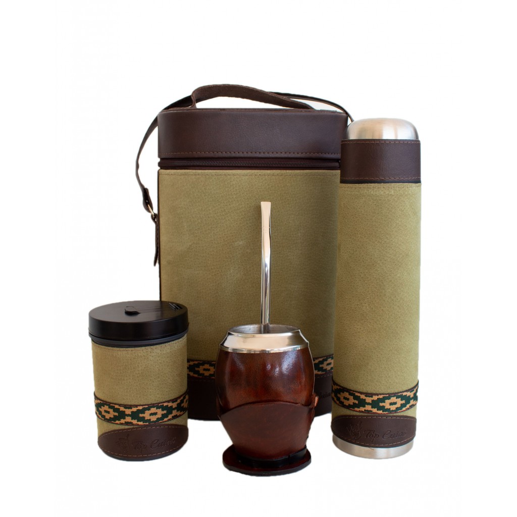 Kit chimarrão mateira de couro verde, garrafa térmica 0,95L, cuia coquinho, bomba inox e porta erva