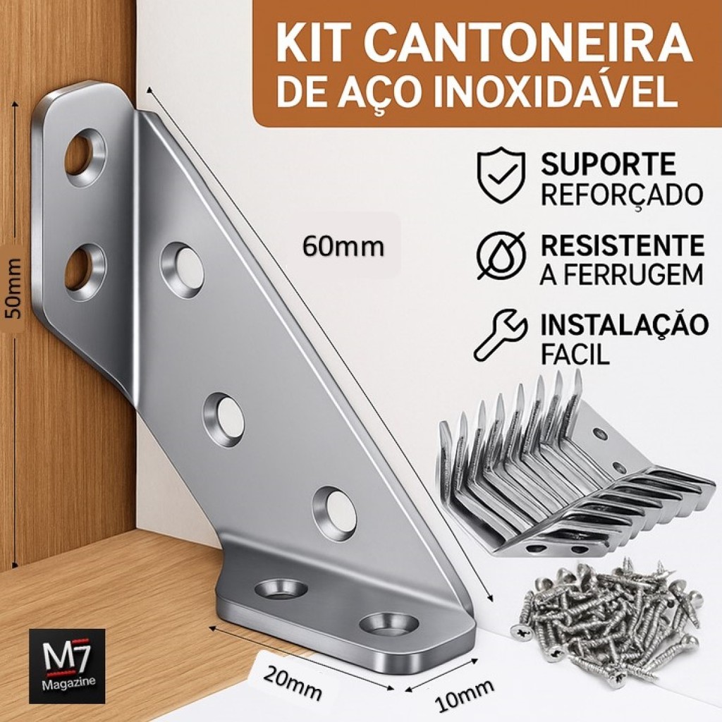 Conector de Canto Cantoneira Aço Inoxidável Junção de Canto P/ Móveis, Armários C/ Parafusos