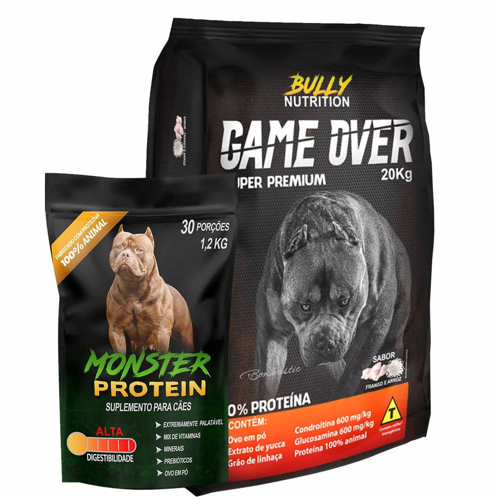 Ração Super Premium Game Over 20kg + Suplemento Bully Monster 1,2Kg + Moringa Dog 60g
