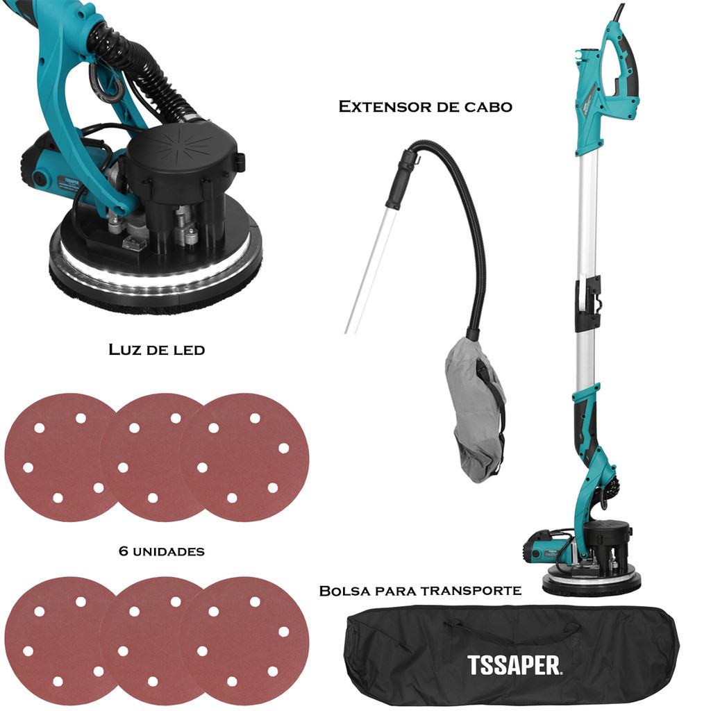 Lixadeira de Parede e Teto 850w com 6 Lixas com led telescópica girafa + Bolsa coletora de Pó TSLI850 Tssaper