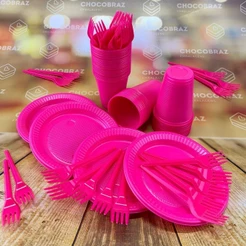 Kit Festa 50 PESSOAS DESCARTAVEIS PINK GARFO + PRATO + COPO (CHOCO)