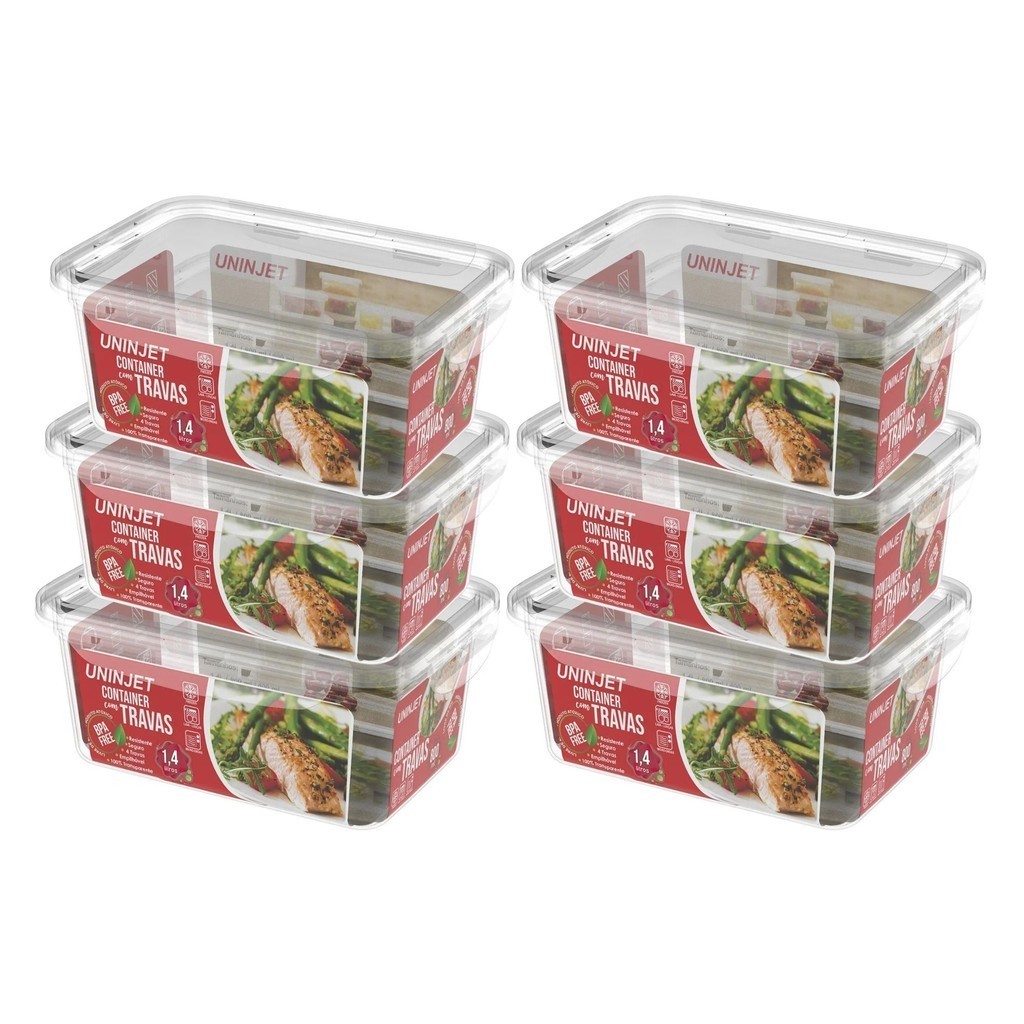 Kit 6 Pote De Plástico Container Com 4 Travas Resistente Design Moderno Prático 1400ml
