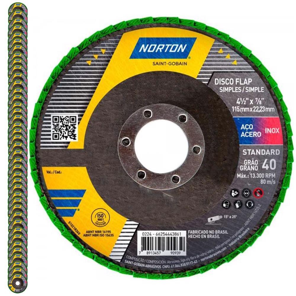 Disco Flap 4.1/2 POL Grão 40 Standard Com 50 Unidades NORTON em Oferta na Shopee