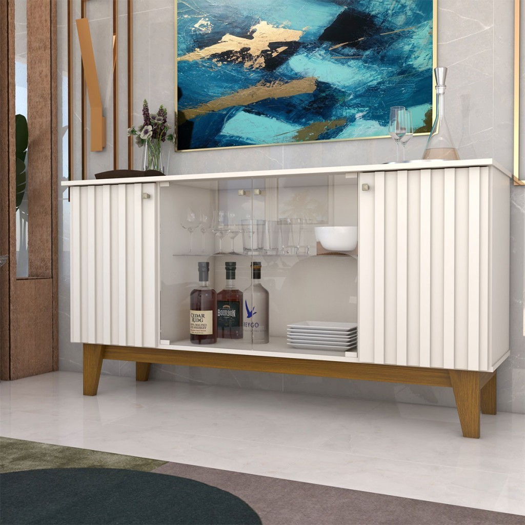 Balcão Buffet Bali 4 Portas 3 Prateleiras com Vidro Ripado Off White/Nature - Panorama Móveis em Oferta na Shopee