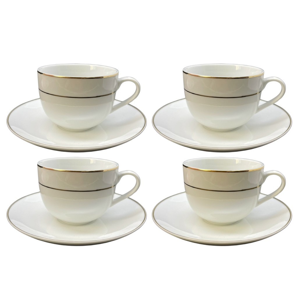 Jogo Xicaras De Café Com Pires 90ml Porcelana Kit 4 Peças Borda Dourada Majesty Gold - Home & Living