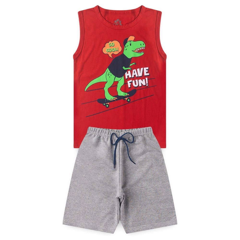 Conjunto Infantil Juvenil Verão Menino Masculino Regata Meia Malha Manga Curta Confortável Dino Bermuda Moletinho