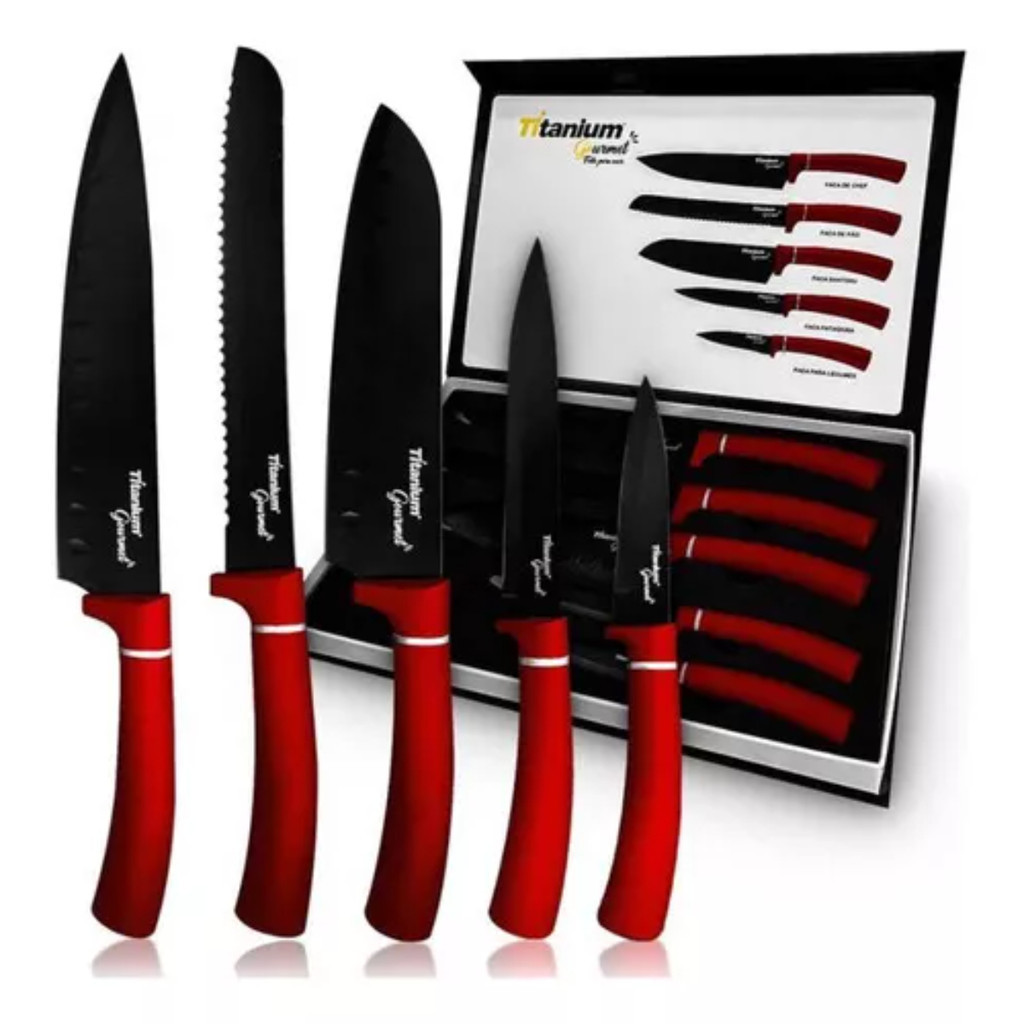 Kit de Facas Prime Chef 5 Peças Titanium Gourmet Vermelha – Aço Inoxidável de Alta Qualidade em Oferta na Shopee
