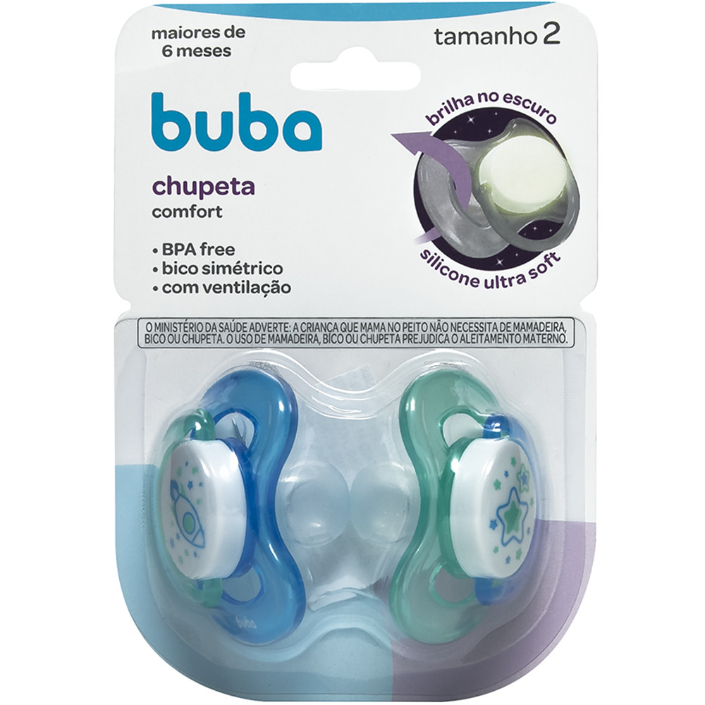 KIT 2 CHUPETAS BUBA COMFORT TAM.2 NOTURNA FOGUETE em Oferta na Shopee