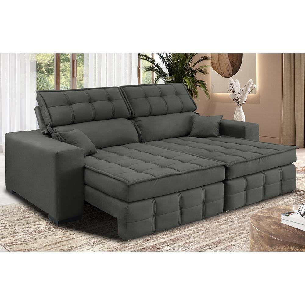 Sofá Retrátil e Reclinável 1,80m Molas Ensacadas e Costura Tripla Cama inBox Nobre Suede Cinza - Home & Living