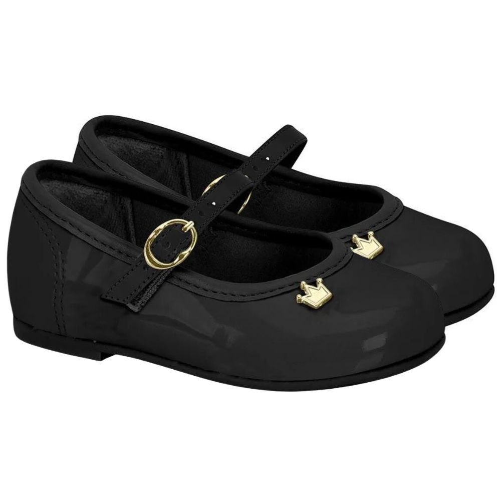 Sapato Sapatilha Infantil Molekinha Festa Coroa Preto Verniz