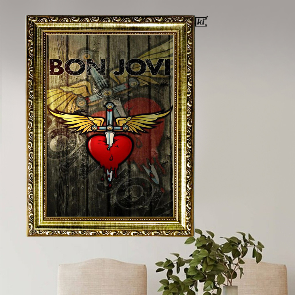 Quadro Moldura Bon Jovi Logo Coracao Grande Decorativo De Rock Trabalhada 35x47xcm