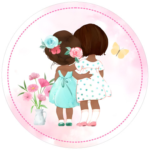 NOVO Painel Festa Infantil Redondo Meninas Se Abraçando Flores e Borboleta + Arco, Suporte incluso. Fazemos personalizado com qualquer tema. Confeccionado em Lona fosca, impressão de alta resolução. cenário , p/ Decoração