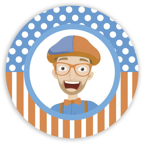 NOVO Painel Festa Infantil Redondo Blippi, Fundo Geométrico Laranja, com Bolinhas Brancas e Azul + Arco, Suporte incluso. Fazemos personalizado com qualquer tema. Confeccionado em Lona fosca, impressão de alta resolução. cenário , p/ Decoração