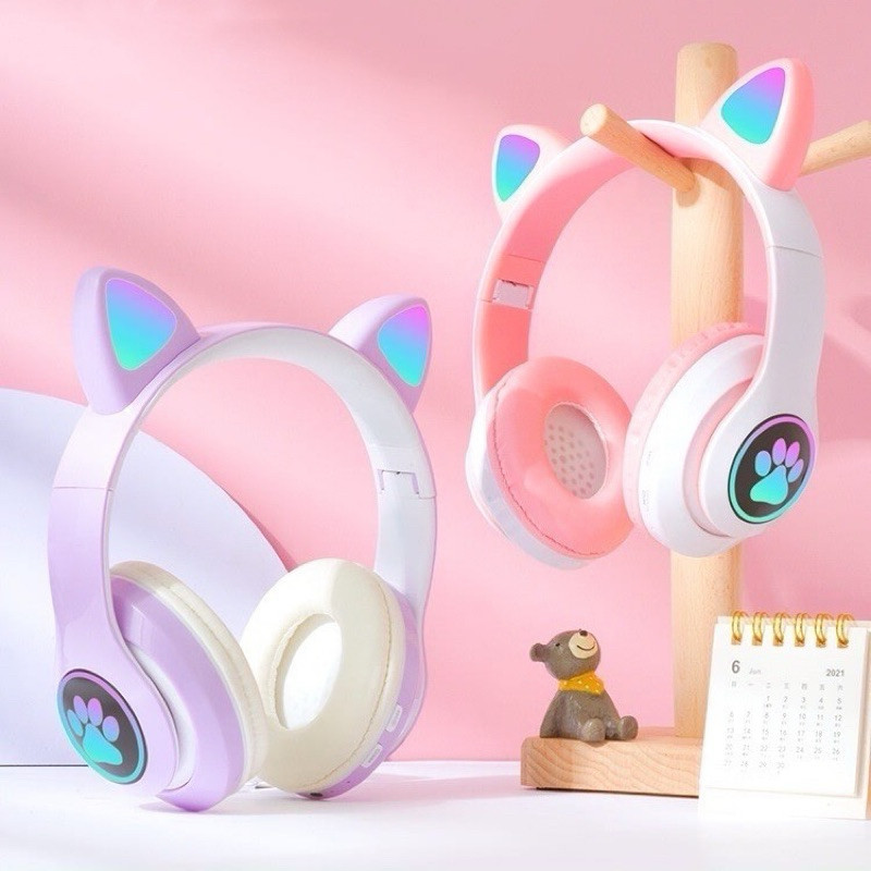 Fone De Ouvido Orelha De Gato Gatinho Cat Bluetooth Ear Com Led Rgb Headphone