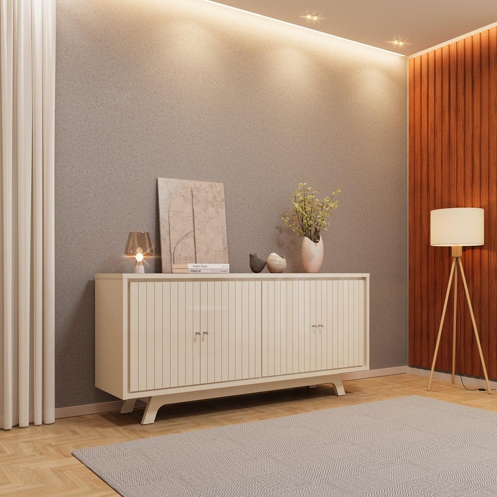 Buffet 4 Portas com Frisos Decorativos e Prateleiras DJ Móveis Soleil Off White em Oferta na Shopee