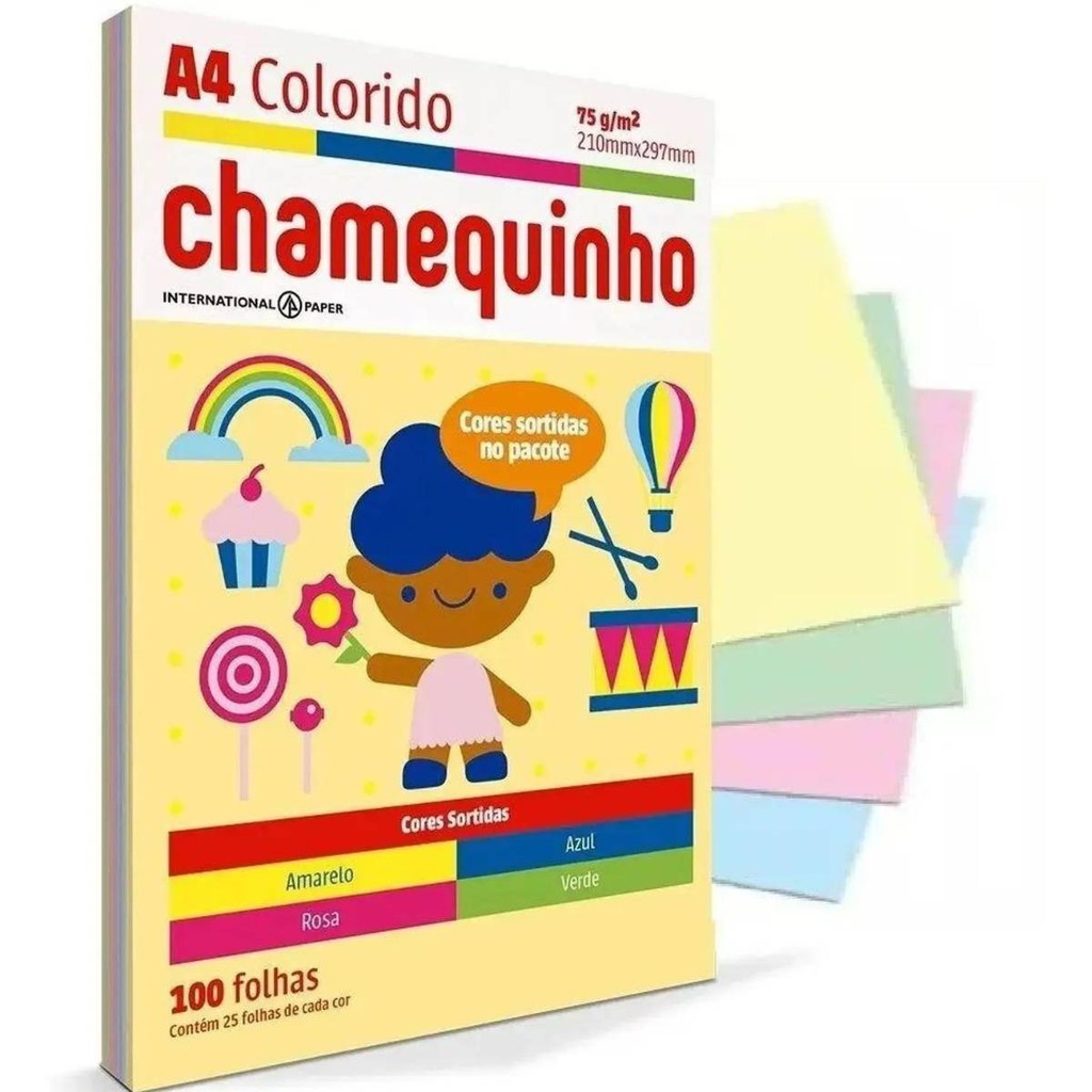 Papel A4 75gr 100Fls Chamequinho Colorido em Oferta na Shopee