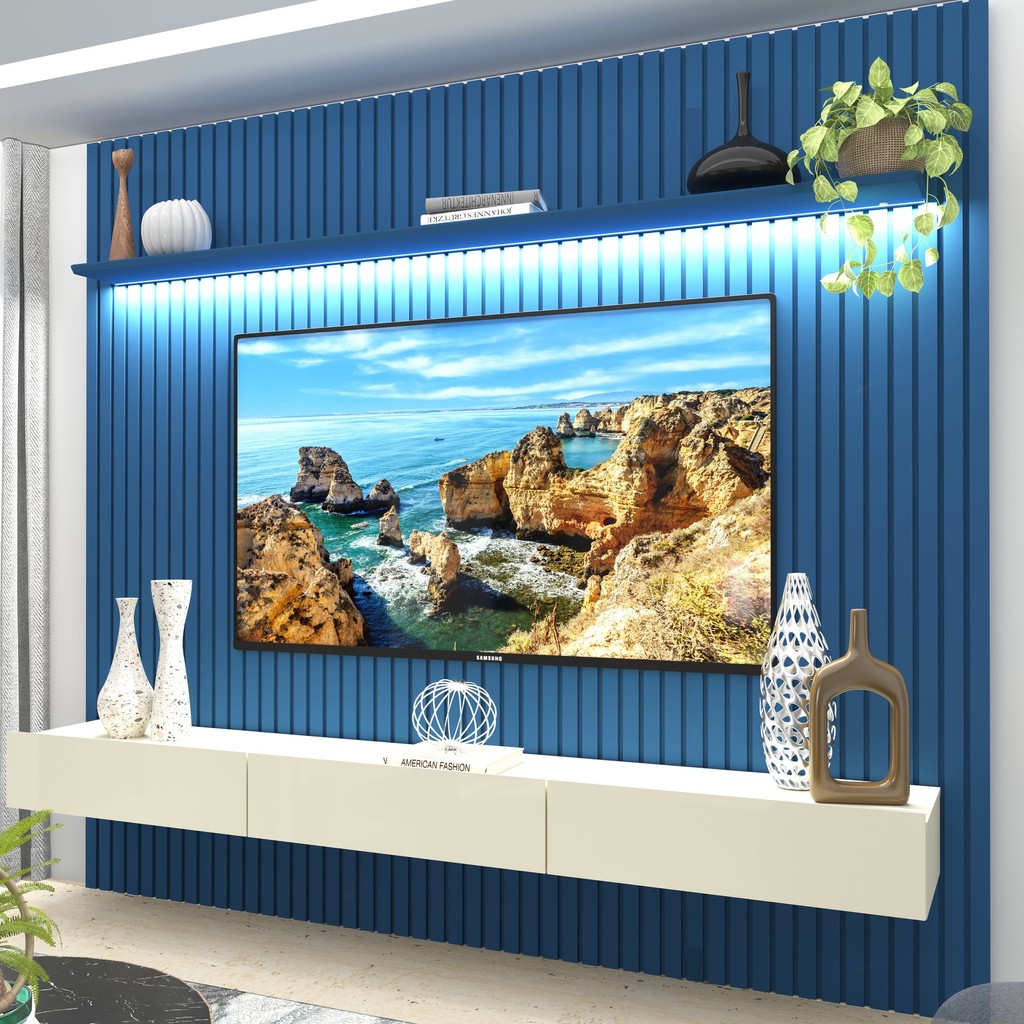 Painel para TV até 90 Polegadas 229x250cm Ripado com LED 3 Gavetas 100% MDF Azul/Off White - Home & Living