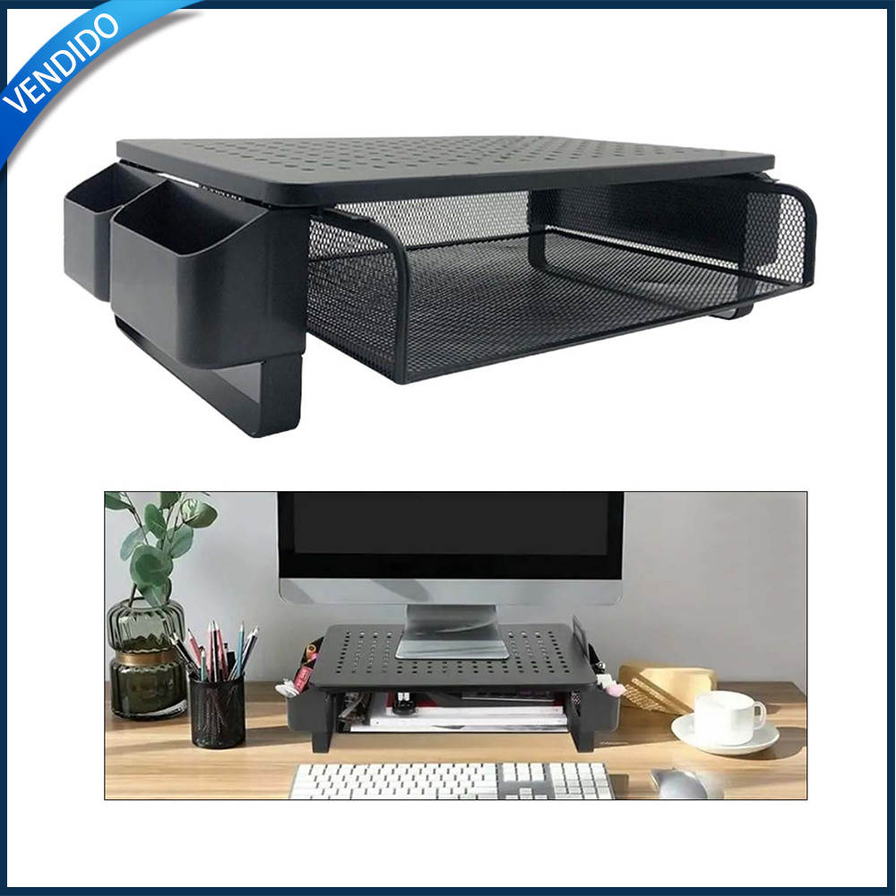 Suporte elevatório para monitor, suporte para computador portátil com gaveta de arrumação e calhas laterais Preto