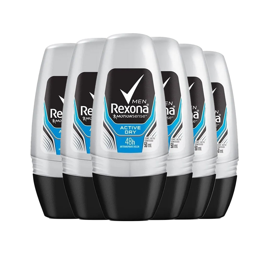 Kit Desodorante Roll On Rexona Men Active Dry 50ml - 6 Unidades - Beauty