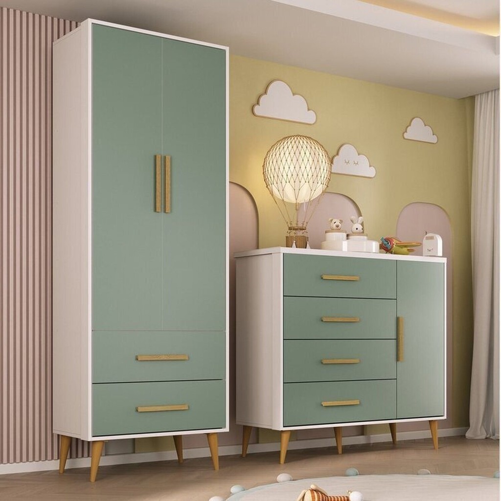 Quarto Infantil com Guarda-Roupa 2 Portas 2 Gavetas com Cômoda Magia Espresso Móveis Rosa/Branco/Verde Branco/Verde