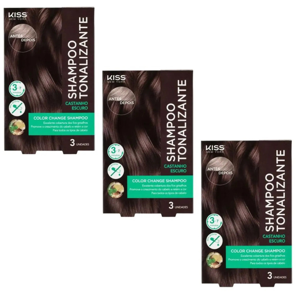 Kit 3 Caixas Shampoo Tonalizante Color Change Castanho Escuro - Kiss New York