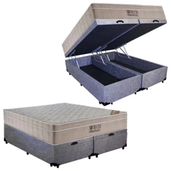 Cama Box Baú Casal Suede Bipartido + Colchão Ortobom Airtech Molas Ensacadas 65x138x188 Cor:cinza