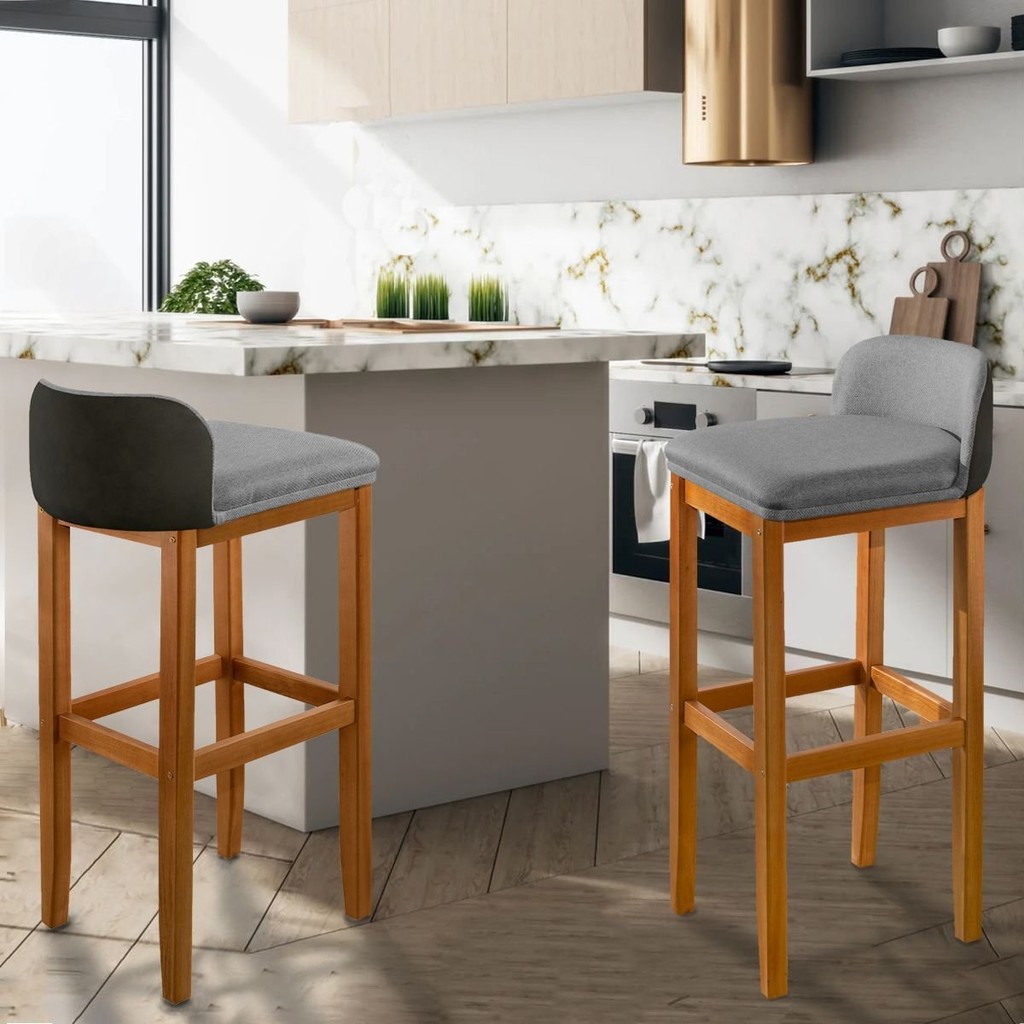 Kit 2 Banquetas Luxo Alta Onix - Base em Madeira Maciça - Estofado em Linho com Composê no Corino Preto