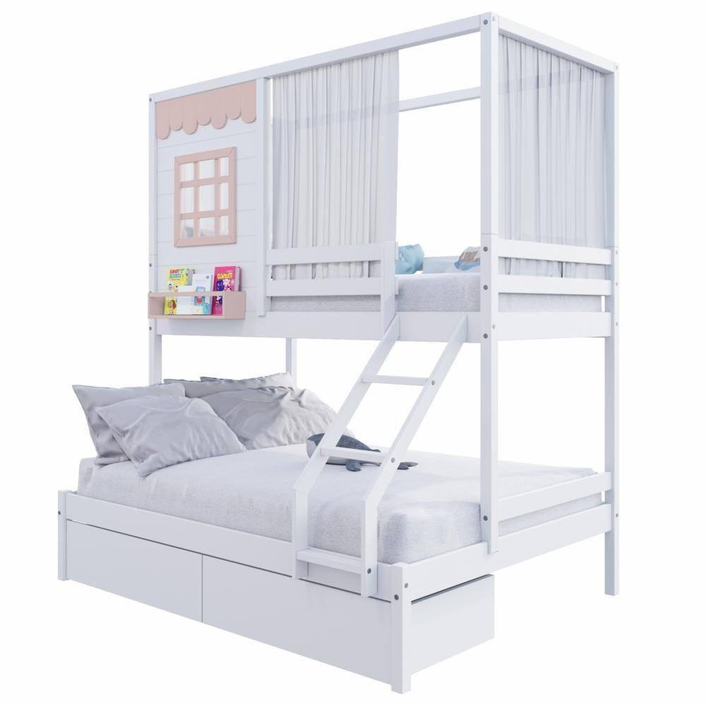 Beliche Casinha Reta Casal 2 Gav Cortina Rosa