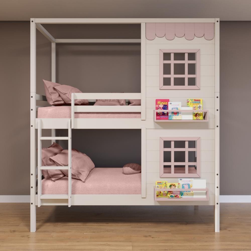 Beliche Casinha Reta 2 Janelas Madeira Branco/Rosa em Oferta na Shopee