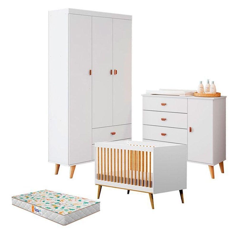 Quarto De Bebê Duda Com Berço Americano Ligia Branco Acetinado Bétula E Colchão Gazin – Carolina Móveis