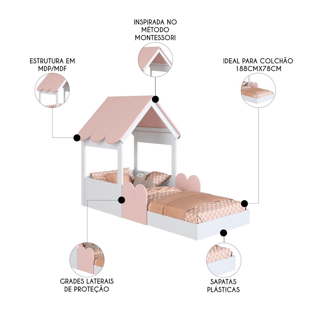 Detalhes do Cama Solteiro Infantil Montessoriana Casinha Nana Branco/Rosa C06 - Mpozenato