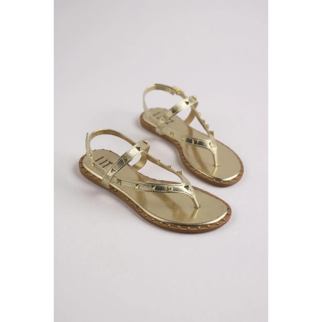 Sandália Feminina Littz Rasteira Tira Com Spikes E Fivela Ouro Light